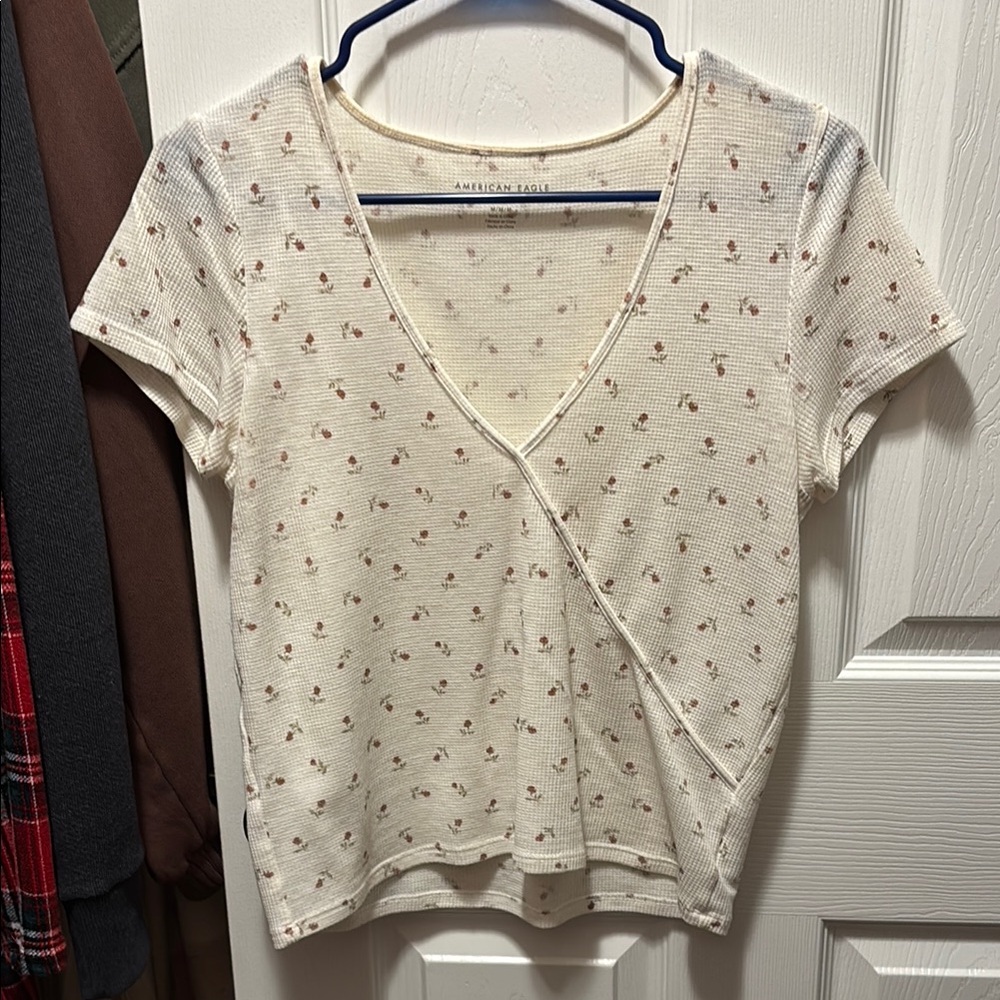 American Eagle Outfitters Cream Floral Wrap Top